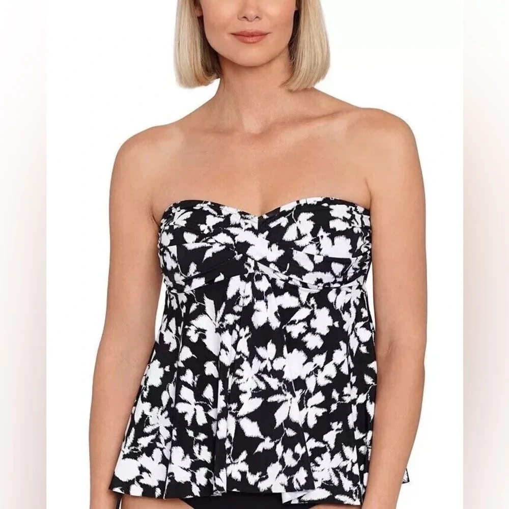NWT Swim Solutions Floral Flyaway Tankini Top Black White Size 10